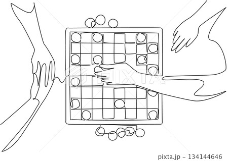 Single line drawing of multiple hands moving tokens on a tabletop board game, representing International Tabletop Day with a community, entertainment, and creativity concept. 134144646