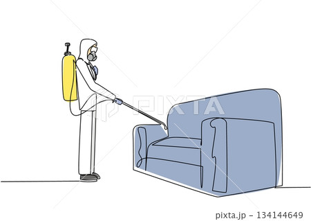 single line drawing of a woman in protective outfit spraying a sofa, emphasizing thorough home pest control, safety standards, and professional female participation during World Pest Day single line drawing of a woman in protective outfit spraying a sofa, emphasizing thorough home pest control, safety standards, and professional female participation during World Pest Day 134144649