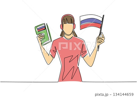 Single line drawing of a young girl wearing headphones and holding a Russian flag and book, symbolizing enthusiastic student participation in Russian language learning and international celebration 134144659