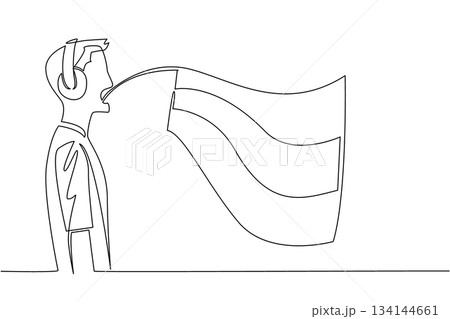 Single line drawing of a young male interpreter wearing headphones and translating Russian, symbolizing language translation and global collaboration for Russian Language Day at an international event 134144661