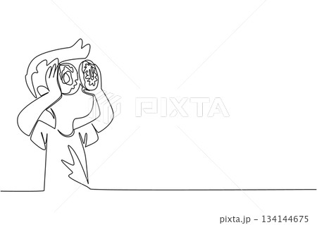 One line drawing of a boy holding two donuts like glasses, expressing joy and creativity, representing a playful food concept for National Donut Day celebration. One line drawing of a boy holding two donuts like glasses, expressing joy and creativity, representing a playful food concept for National Donut Day celebration. 134144675
