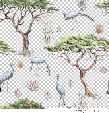 A seamless pattern with grey African cranes among trees and grasses. A watercolor illustration of the African savannah for eco-projects, posters, hotel designs, and nature reserve websites. 134144842