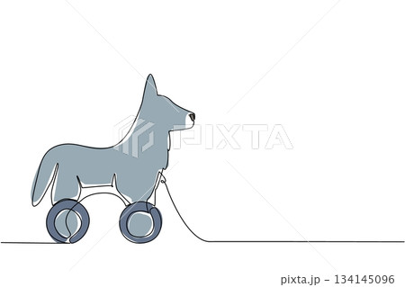 Single line drawing of a wooden wheeled wolf toy in minimalist style, showing clean outlines and flat details. The nature concept highlights the playful design of an animal toy. 134145096