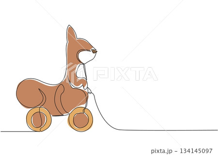 Cute squirrel wooden wheeled toy created in continuous line drawing style, capturing playful woodland charm. Animal concept emphasizes innocence, childhood fun, and minimalist art. Cute squirrel wooden wheeled toy created in continuous line drawing style, capturing playful woodland charm. Animal concept emphasizes innocence, childhood fun, and minimalist art. 134145097