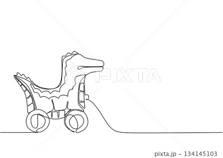 Continuous line drawing of a crocodile shaped wooden toy with wheels, created in one line drawing style. This design concept emphasizes playful childhood art, minimalism, and creative wooden objects. 134145103