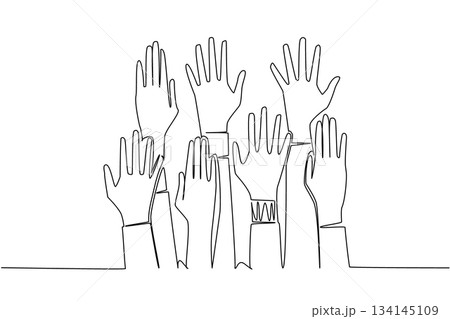 Continuous line drawing of raised hands, representing activism, support, and equality for Race Unity Day. This unity concept design conveys strength, protest, and togetherness. 134145109