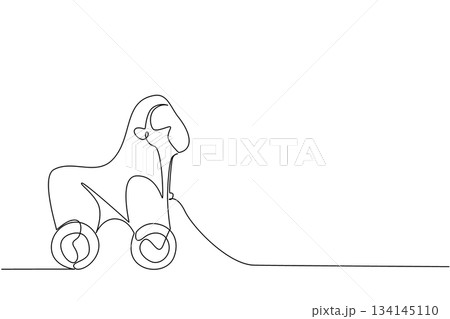 Playful single line drawing of a strong gorilla pull toy on wheels. A unique childhood concept design that embodies classic wooden toys, jungle animal themes, and fun for kids. Playful single line drawing of a strong gorilla pull toy on wheels. A unique childhood concept design that embodies classic wooden toys, jungle animal themes, and fun for kids. 134145110
