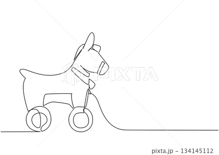 Continuous line drawing of a wooden donkey toy with wheels, created in minimalist style. This animal-inspired design concept reflects creative art, rustic charm, and playful childhood decoration. 134145112