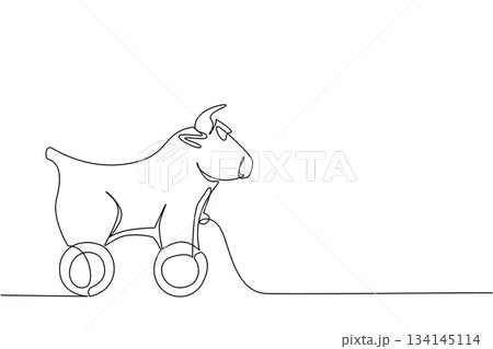 Single line drawing of a wooden buffalo toy on wheels, designed in a minimalist and abstract style. This animal concept reflects rustic creativity, playful childhood art, and decorative design. 134145114