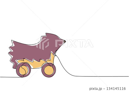 Cute continuous line drawing of a hedgehog pull toy on wheels. A whimsical childhood concept that illustrates the charm of traditional wooden animal toys for kids and toddlers' games. 134145116