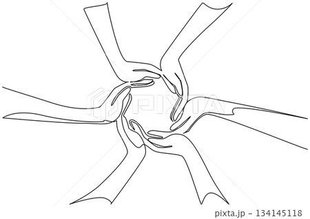 Continuous line drawing of hands arranged in a circle, representing harmony, teamwork, and global friendship for Race Unity Day. A unity concept artwork for peace and justice. 134145118