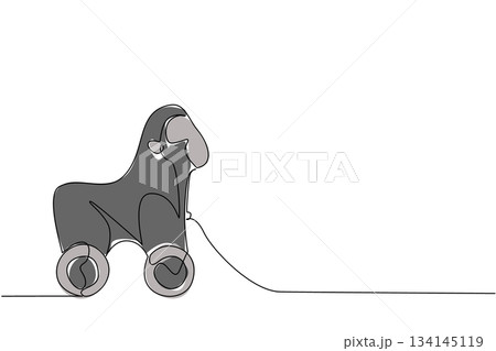 Bold gorilla wooden toy on wheels illustrated in one line drawing style, reflecting toy design concept and jungle animal-inspired art for kids, collectors, and unique minimalist illustration ideas. Bold gorilla wooden toy on wheels illustrated in one line drawing style, reflecting toy design concept and jungle animal-inspired art for kids, collectors, and unique minimalist illustration ideas. 134145119
