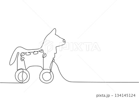 Minimalist single line drawing of a hyena toy on wheels, symbolizing wild spirit in a playful style. Perfect for children concept art, modern decor, education, and creative illustration. 134145124