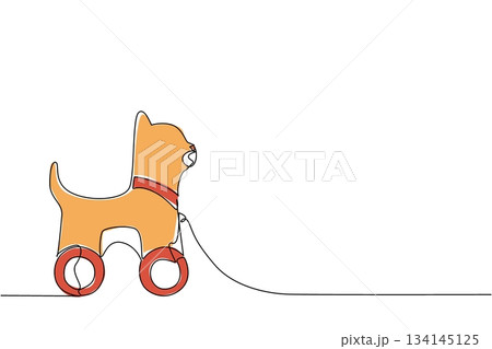 Adorable one line drawing of a small cat pull toy on wheels. A simple and cute childhood concept representing classic kids' toys, playful imagination, and nostalgic memories of play. 134145125