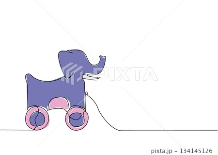 Charming one line drawing of a baby elephant pull toy on wheels. A cute and simple childhood concept representing classic wooden toys, nursery decor, and fun games for young children. 134145126