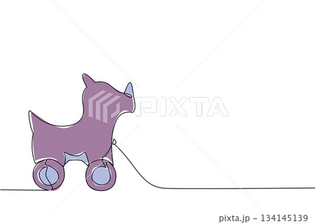 Charming single line drawing of a cute rhinoceros wooden pull toy. A minimalist childhood concept for kids' playtime, representing classic animal toys, fun, and simple entertainment. Charming single line drawing of a cute rhinoceros wooden pull toy. A minimalist childhood concept for kids' playtime, representing classic animal toys, fun, and simple entertainment. 134145139
