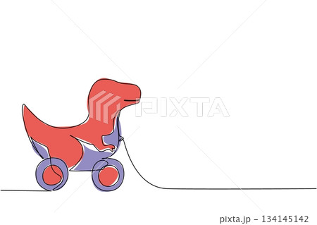 Single line drawing of a wooden t-rex dinosaur pull toy on wheels, representing playful animal character and the joy of creative childhood play, perfect for adding a charming minimalist decor touch 134145142