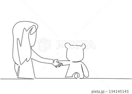 One line drawing showing a girl reaching out and holding hands with her teddy bear doll, created in a playful childhood concept to celebrate World Doll Day as an international holiday. 134145143