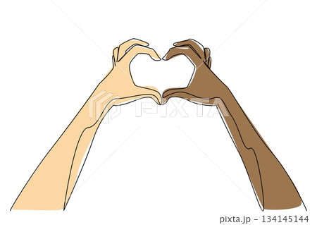 A colorful continuous line drawing of two hands forming a heart symbol illustrates love, acceptance, and equality for Race Unity Day, celebrating global harmony and cultural understanding. 134145144