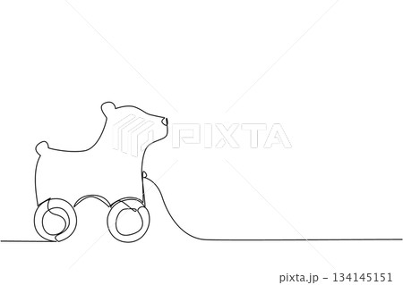 Minimal continuous line drawing of a polar bear shaped wooden toy on wheels, crafted in one line drawing style. This design concept emphasizes minimal play, wooden object, and childhood imagination. 134145151