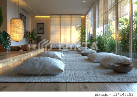 A serene Japanese minimalist interior featuring natural wood, clean lines, soft daylight, and a calm zen-inspired atmosphere. 134145182