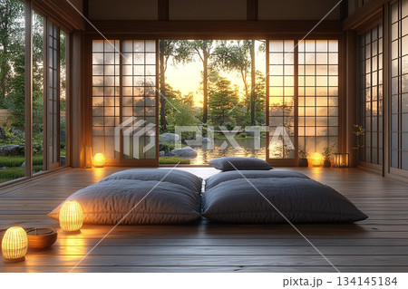 A serene Japanese minimalist interior featuring natural wood, clean lines, soft daylight, and a calm zen-inspired atmosphere. A serene Japanese minimalist interior featuring natural wood, clean lines, soft daylight, and a calm zen-inspired atmosphere. 134145184