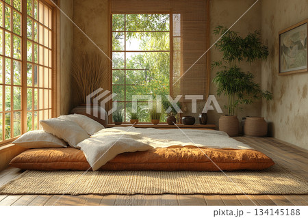 A serene Japanese minimalist interior featuring natural wood, clean lines, soft daylight, and a calm zen-inspired atmosphere. 134145188