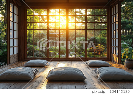 A serene Japanese minimalist interior featuring natural wood, clean lines, soft daylight, and a calm zen-inspired atmosphere. A serene Japanese minimalist interior featuring natural wood, clean lines, soft daylight, and a calm zen-inspired atmosphere. 134145189