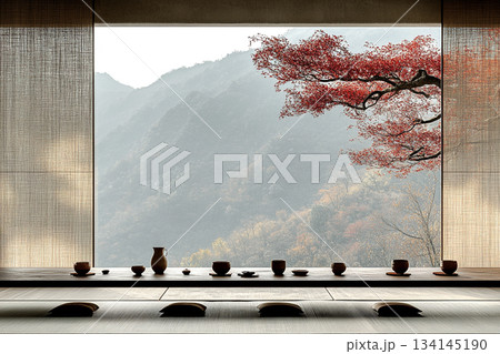 A serene Japanese minimalist interior featuring natural wood, clean lines, soft daylight, and a calm zen-inspired atmosphere. 134145190