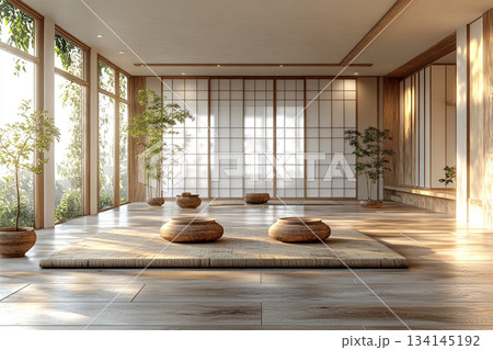 A serene Japanese minimalist interior featuring natural wood, clean lines, soft daylight, and a calm zen-inspired atmosphere. 134145192