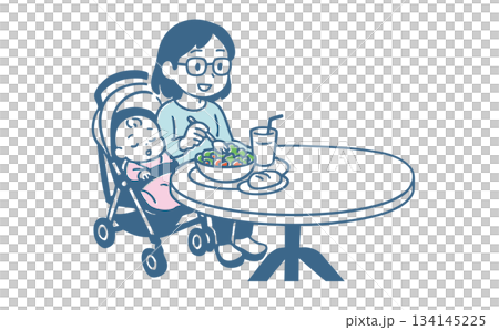 サラダを食べているママとベビーカーにいる赤ちゃん 134145225