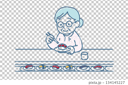 Grandma eating conveyor belt sushi Grandma eating conveyor belt sushi 134145227
