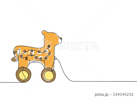 Continuous line drawing of a cheetah wooden toy on wheels, marked with playful spots. The minimalist design emphasizes speed and energy while reflecting the nature concept of wildlife. 134145232