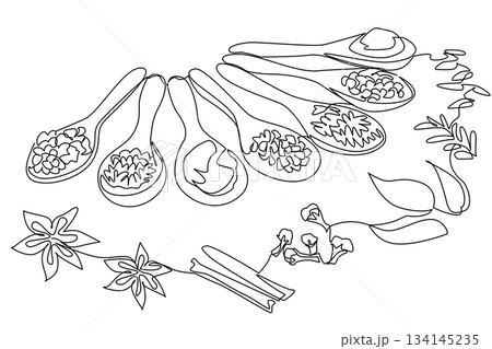 Single line drawing composition showing assorted herbs and spices arranged on spoons with additional elements, highlighting flavor diversity as a food concept for National Herbs and Spices Day. Single line drawing composition showing assorted herbs and spices arranged on spoons with additional elements, highlighting flavor diversity as a food concept for National Herbs and Spices Day. 134145235
