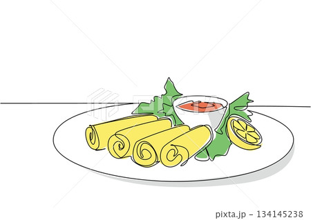 Continuous line drawing of delicious egg rolls arranged on a plate with sauce, lemon, and green garnish, symbolizing National Egg Roll Day in a food concept and international event theme. 134145238