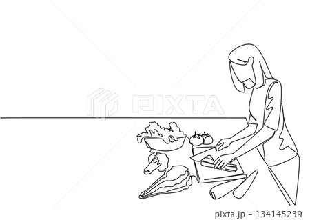 Continuous line drawing of a woman preparing fresh vegetables on a table, symbolizing National Meal Prep Day with a health concept and organized cooking lifestyle. 134145239