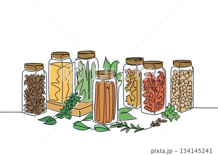 Single line drawing of assorted spice jars filled with herbs and seasonings like cinnamon, pepper, and parsley, showing business concept and culinary culture for National Herbs and Spices Day. Single line drawing of assorted spice jars filled with herbs and seasonings like cinnamon, pepper, and parsley, showing business concept and culinary culture for National Herbs and Spices Day. 134145241