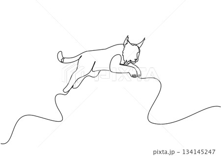 Continuous line drawing of a lynx jump leaping forward, composed in a single elegant stroke to emphasize agility and strength for International Lynx Day, illustrating animal movement, nature concept Continuous line drawing of a lynx jump leaping forward, composed in a single elegant stroke to emphasize agility and strength for International Lynx Day, illustrating animal movement, nature concept 134145247