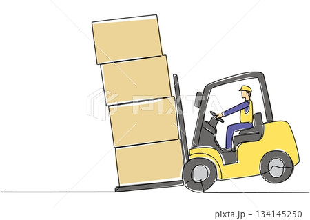 Continuous line drawing of a forklift driven by a male worker with unstable stacked boxes, illustrating unsafe practices for National Forklift Safety Day with an industry awareness concept. 134145250