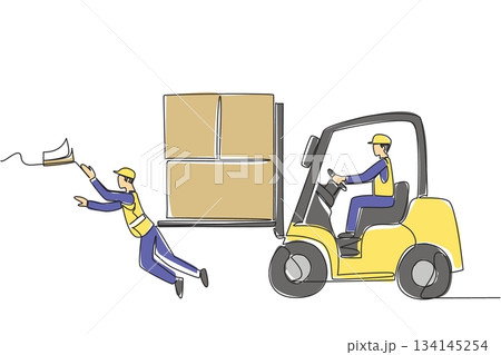 Single line drawing depicting a male worker falling dangerously while a forklift carries stacked boxes, symbolizing accident risks on National Forklift Safety Day within an industry safety concept. Single line drawing depicting a male worker falling dangerously while a forklift carries stacked boxes, symbolizing accident risks on National Forklift Safety Day within an industry safety concept. 134145254