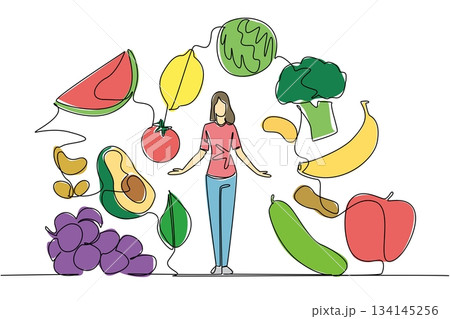 Continuous line drawing of a woman surrounded by fruits and vegetables, symbolizing balance and healthy choices. Woman health concept with Eat Flexitarian Day event. Continuous line drawing of a woman surrounded by fruits and vegetables, symbolizing balance and healthy choices. Woman health concept with Eat Flexitarian Day event. 134145256