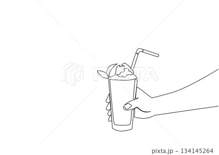 Hand holding a tall glass of iced tea with straw, ice cubes, and lemon garnish, illustrated in continuous line drawing style, celebrating National Iced Tea Day with a refreshing drink concept. 134145264