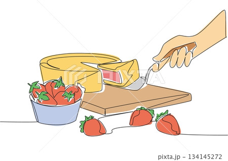 Continuous line drawing celebrating National Strawberry Rhubarb Pie Day, depicting a hand lifting a slice of pie with strawberries on the side, as a food concept dessert event illustration. Continuous line drawing celebrating National Strawberry Rhubarb Pie Day, depicting a hand lifting a slice of pie with strawberries on the side, as a food concept dessert event illustration. 134145272