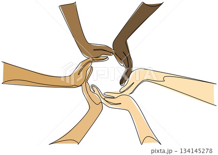 A colorful continuous line drawing of diverse hands arranged in a circle symbolizes cooperation and cultural respect for Race Unity Day, emphasizing unity, peace, and mutual understanding worldwide. 134145278