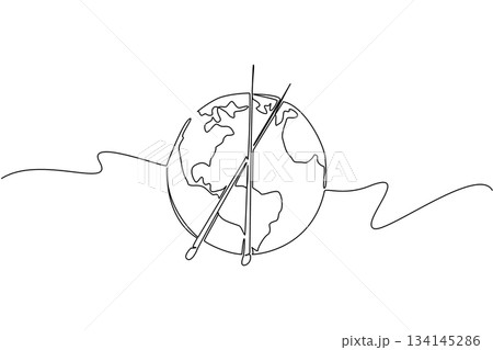 A continuous line drawing of the Earth with knitting needles crossing through, symbolizing global unity through knitting creativity. Designed for Worldwide Knit in Public Day with a craft concept. A continuous line drawing of the Earth with knitting needles crossing through, symbolizing global unity through knitting creativity. Designed for Worldwide Knit in Public Day with a craft concept. 134145286