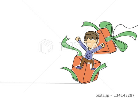 Boy joyfully emerging from a gift box with ribbons, drawn in continuous line drawing style, symbolizing happiness and festivity, created for a celebration concept of National Kids Day. Boy joyfully emerging from a gift box with ribbons, drawn in continuous line drawing style, symbolizing happiness and festivity, created for a celebration concept of National Kids Day. 134145287