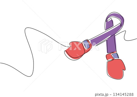 Single line drawing of boxing gloves shaped around a purple awareness ribbon, symbolizing the fight, courage, and hope of National Cancer Thriver Day in a health concept design. 134145288