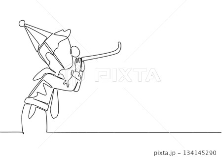 Cheerful boy in a party hat blowing a party horn in continuous line drawing style, highlighting fun, childhood energy, and joy, symbolizing a playful kids concept for National Kids Day. Cheerful boy in a party hat blowing a party horn in continuous line drawing style, highlighting fun, childhood energy, and joy, symbolizing a playful kids concept for National Kids Day. 134145290