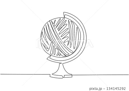 Creative continuous line drawing showing a globe designed as a yarn ball on a stand, symbolizing knitting across cultures for Worldwide Knit in Public Day, craft and community. 134145292