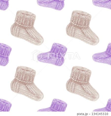 Beige and purple knitted socks in seamless pattern for World Prematurity Day awareness.Watercolor illustration for baby products,charity projects,medical campaigns,supportive social media content Beige and purple knitted socks in seamless pattern for World Prematurity Day awareness.Watercolor illustration for baby products,charity projects,medical campaigns,supportive social media content 134145310